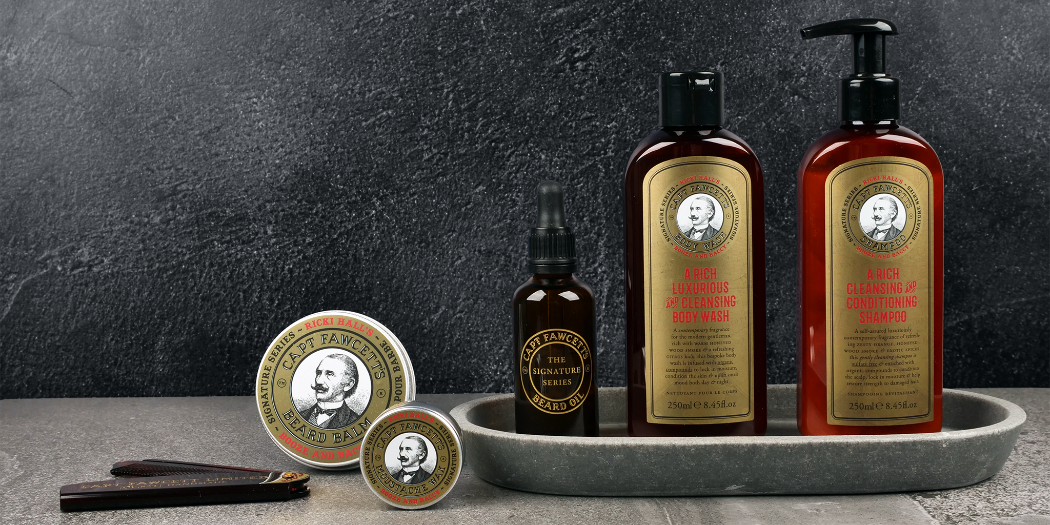 Captain Fawcett's Booze & Baccy Grooming Range from the Rick Hall Signature Series